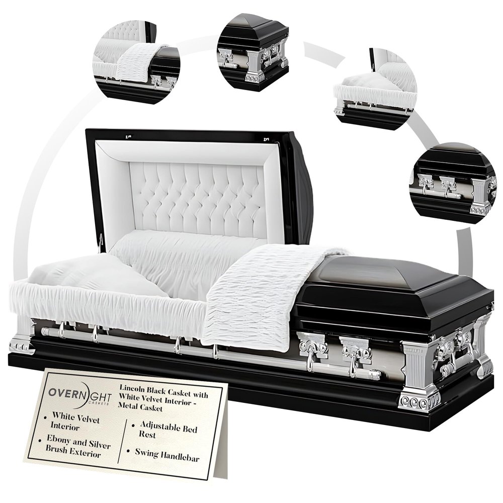 Overnight Caskets LINCOLN Metal Funeral Casket Black with White Velvet Interior - Premium 18-Gauge Steel - Fully Appointed Adult Casket - Coffin Featuring Velvet Interior Lining w/Pillow & Throw Set
