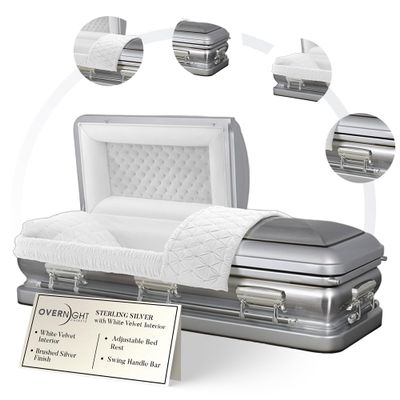 Overnight Caskets - Sterling Steel Funeral Casket Silver with White Interior - Premium 18 Gauge Steel - Fully Appointed Adult Casket - Coffin Featuring Plush Velvet Interior with Pillow/Throw Set