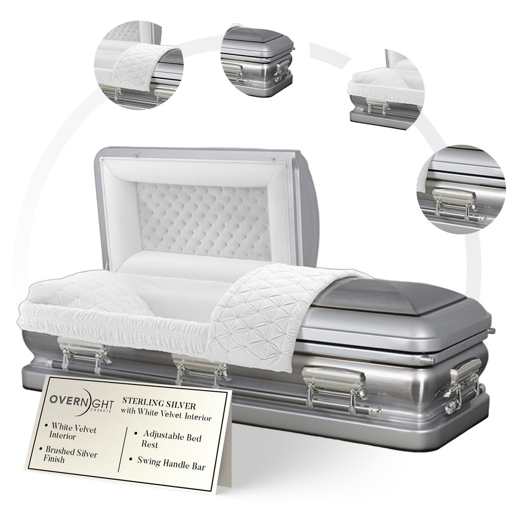 Overnight Caskets - Sterling Steel Funeral Casket Silver with White Interior - Premium 18 Gauge Steel - Fully Appointed Adult Casket - Coffin Featuring Plush Velvet Interior with Pillow/Throw Set