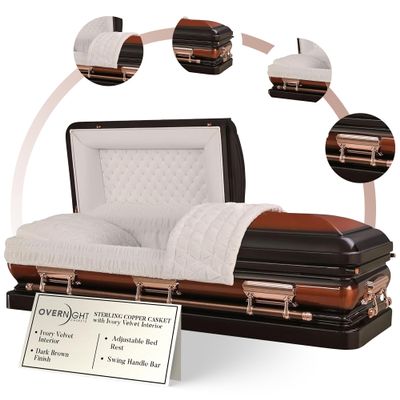 Overnight Caskets - Sterling Steel Funeral Casket Copper with Ivory Interior - Premium 18 Gauge Steel - Fully Appointed Adult Casket - Coffin Featuring Plush Velvet Interior with Pillow/Throw Set