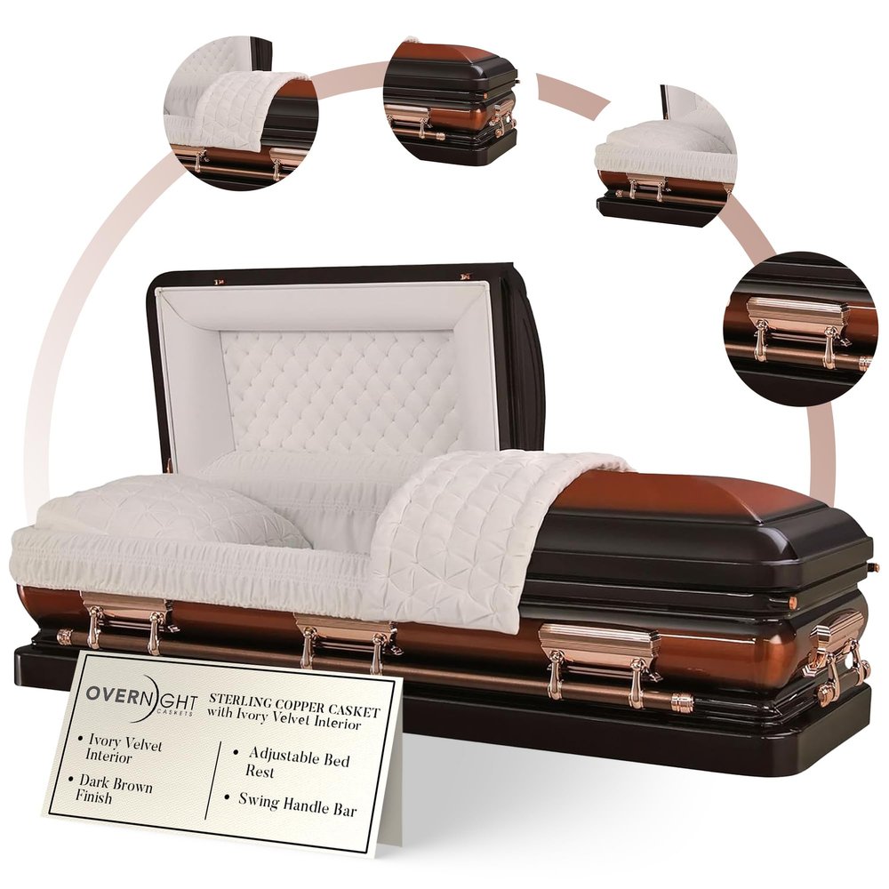 Overnight Caskets - Sterling Steel Funeral Casket Copper with Ivory Interior - Premium 18 Gauge Steel - Fully Appointed Adult Casket - Coffin Featuring Plush Velvet Interior with Pillow/Throw Set