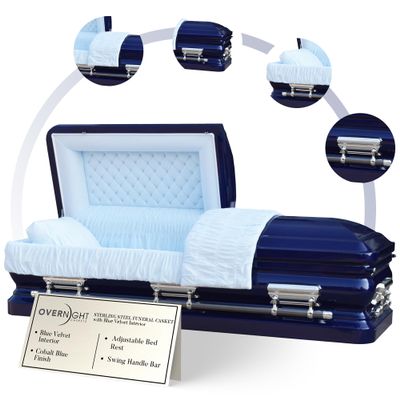 Overnight Caskets - Sterling Steel Funeral Casket Cobalt Blue with Blue Interior - Premium 18 Gauge Steel - Fully Appointed Adult Casket - Coffin Featuring Plush Velvet Interior with Pillow/Throw Set