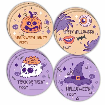 40 Halloween Round Label, 2" Adorable Spooky Elements Round Stickers for Halloween Wrapping, 4 Styles Skull & Wizard Hat Fill in Style Adhesive Tag, Party Favors & Decorations - A06