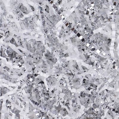 Crinkle Cut Paper Shred Filler 8 oz (1/2 lb) for Gift Wrapping, Baskets, Christmas, Halloween, Wedding Decorations, Easter Grass, Crafting Activities (White and Silver)