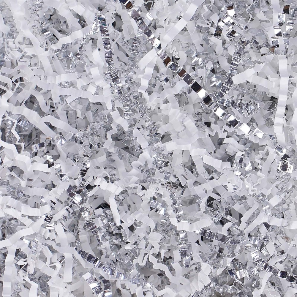 Crinkle Cut Paper Shred Filler 8 oz (1/2 lb) for Gift Wrapping, Baskets, Christmas, Halloween, Wedding Decorations, Easter Grass, Crafting Activities (White and Silver)
