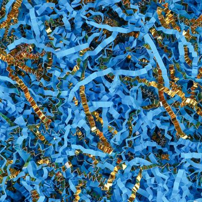 Crinkle Cut Paper Shred Filler 8 oz (1/2 lb) Gift Wrapping & Gift Basket Filler for Christmas, Halloween & Wedding Decorations,Easter Basket Grass Filler ,Crafting Activities (Lake Blue and Gold)