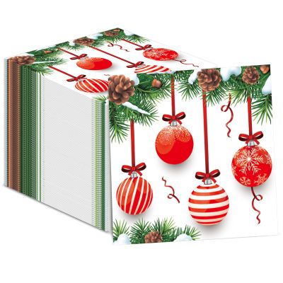 100pcs Christmas Guest Napkins 3 Ply Holiday Disposable Paper Pack Christmas balls Paper Luncheon Dinner Hand Napkins Beverage Disposable Napkin for Xmas Party