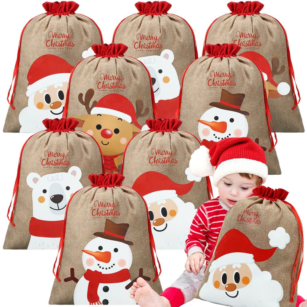 Hosuly 8 Pcs Large Christmas Drawstring Bags Burlap Santa Gift Bags Reusable 15 x 20 Inch Xmas Snowman Cloth Treat Bag for Treat Goodie Wrapping Christmas Holiday Party Favors Supplies(Lovely Style)