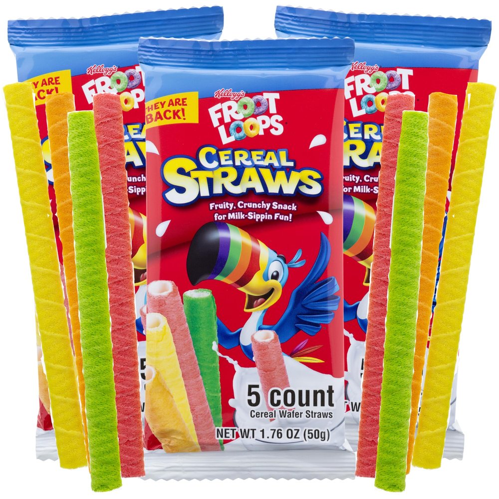 2025 Kelloggs Froot Loop Cereal Straws, Edible Breakfast Straw, Nostalgic Treat, Birthday Party Favors, 5 Count, (3 Pack)