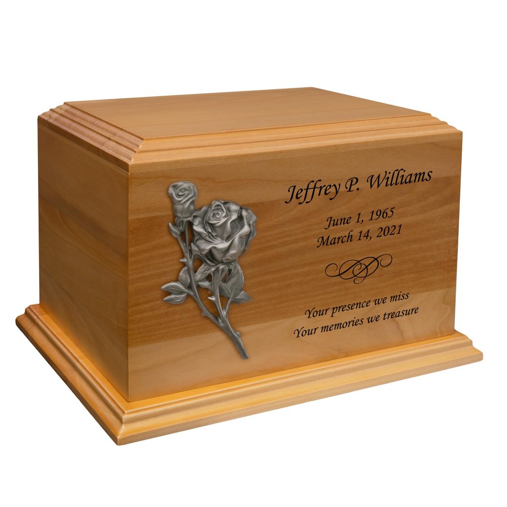Mainely Urns Rose Applique Diplomat Solid Cherry Hardwood Cremation Urn - Solid Wood Urn for Ashes - Made in The U.S.A. - 210 Cubic Inch Capacity