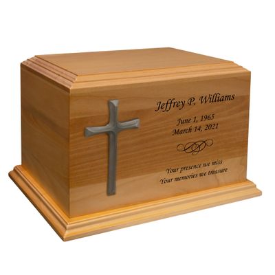 Mainely Urns Cross Applique Diplomat Solid Cherry Hardwood Cremation Urn - Solid Wood Urn for Ashes - Made in The U.S.A. - 210 Cubic Inch Capacity
