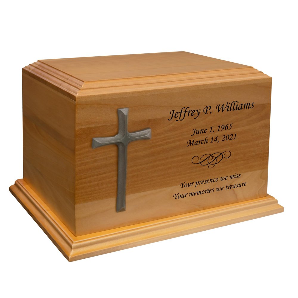 Mainely Urns Cross Applique Diplomat Solid Cherry Hardwood Cremation Urn - Solid Wood Urn for Ashes - Made in The U.S.A. - 210 Cubic Inch Capacity