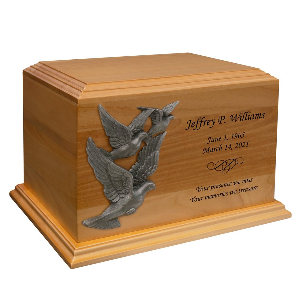 Mainely Urns Doves Applique Diplomat Solid Cherry Hardwood Cremation Urn - Solid Wood Urn for Ashes - Made in The U.S.A. - 210 Cubic Inch Capacity