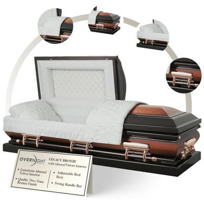 Overnight Caskets Legacy Metal Funeral Casket Bronze with Almond Velvet Interior - Premium 18-Gauge Steel - Fully Appointed Adult Casket - Coffin Featuring Velvet Interior Lining w/Pillow & Throw Set