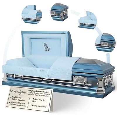 Overnight Caskets Praying Hands Metal Funeral Casket with Blue Velvet Interior - 18 Gauge Steel - Fully Appointed Adult Casket - Coffin Featuring Velvet Interior Lining with Pillow and Throw Set