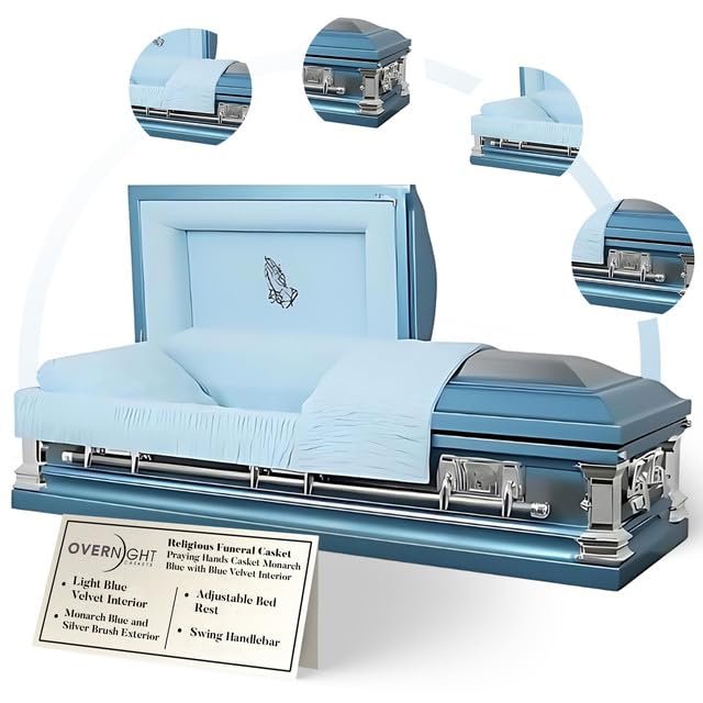 Overnight Caskets Praying Hands Metal Funeral Casket with Blue Velvet Interior - 18 Gauge Steel - Fully Appointed Adult Casket - Coffin Featuring Velvet Interior Lining with Pillow and Throw Set