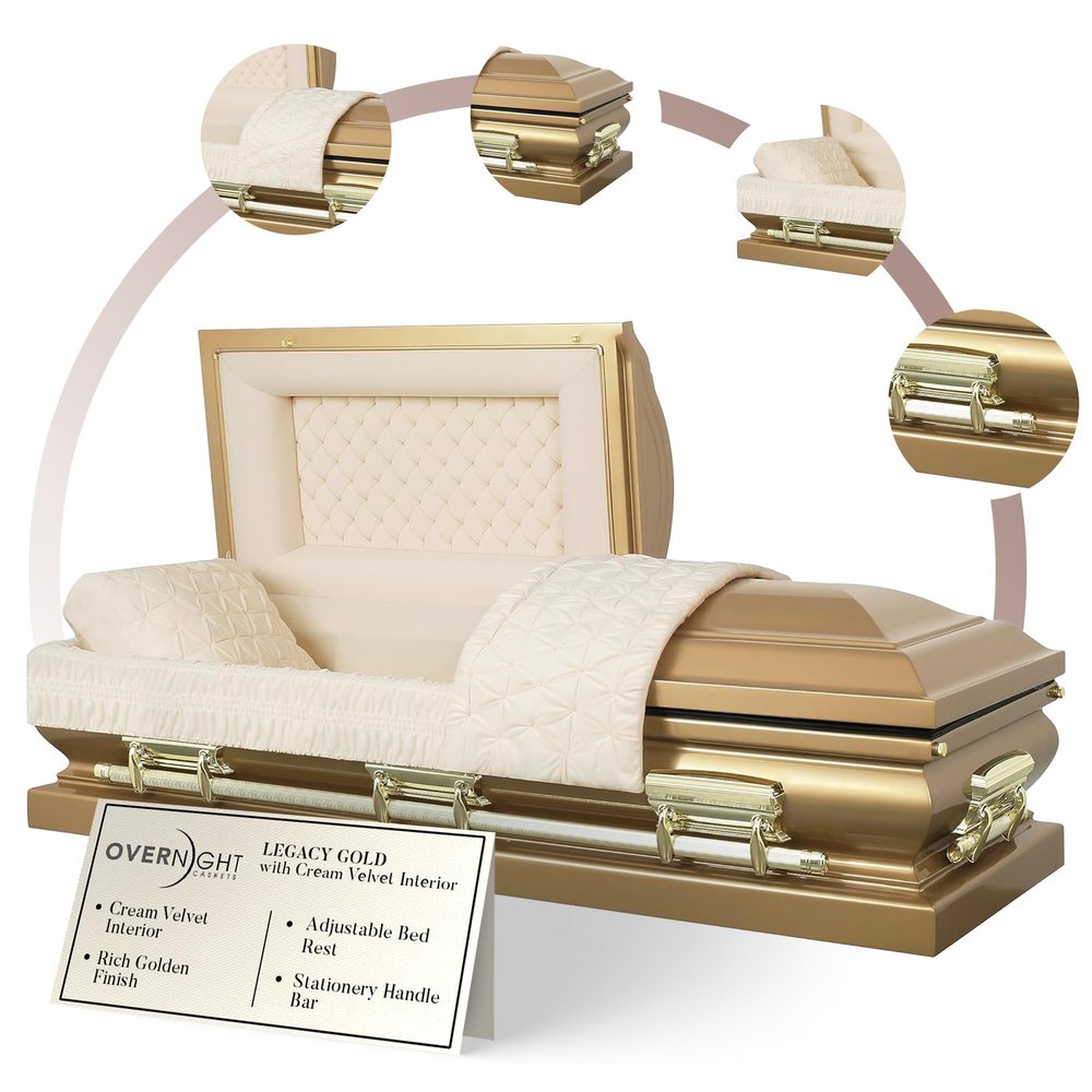 Overnight Caskets Legacy Metal Funeral Casket Gold with Cream Velvet Interior - Premium 18-Gauge Steel - Fully Appointed Adult Casket - Coffin Featuring Velvet Interior Lining w/Pillow & Throw Set