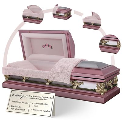 Overnight Caskets Briar Rose Metal Funeral Casket with Pink Velvet Interior - Premium 18-Gauge Steel - Fully Appointed Adult Casket - Coffin Featuring a Velvet Interior Lining w/Pillow & Throw Set