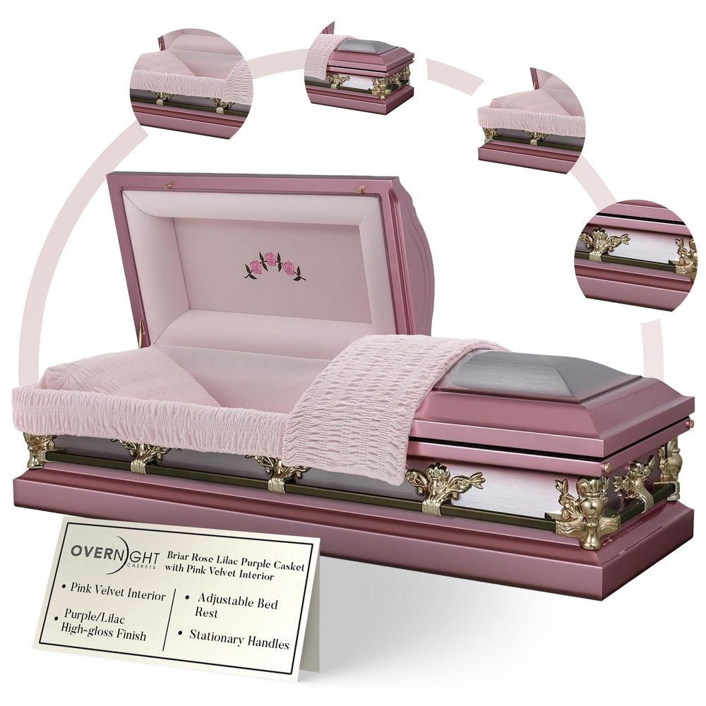 Overnight Caskets Briar Rose Metal Funeral Casket with Pink Velvet Interior - Premium 18-Gauge Steel - Fully Appointed Adult Casket - Coffin Featuring a Velvet Interior Lining w/Pillow & Throw Set