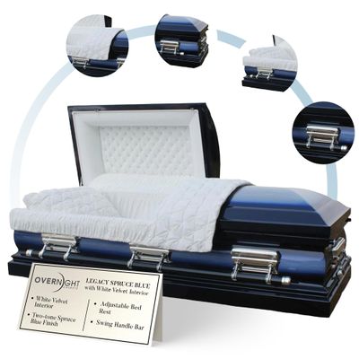 Overnight Caskets Legacy Metal Funeral Casket Blue with White Velvet Interior - Premium 18-Gauge Steel - Fully Appointed Adult Casket - Coffin Featuring Velvet Interior Lining w/Pillow & Throw Set