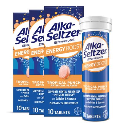 Alka-Seltzer Energy Boost: Caffeine & Guarana, B Vitamins, Supports Mental Alertness and Physical Energy, Daily Energy Supplement, Fizzy Tablets, Sugar-Free, Light Tropical Punch Flavor, 30ct