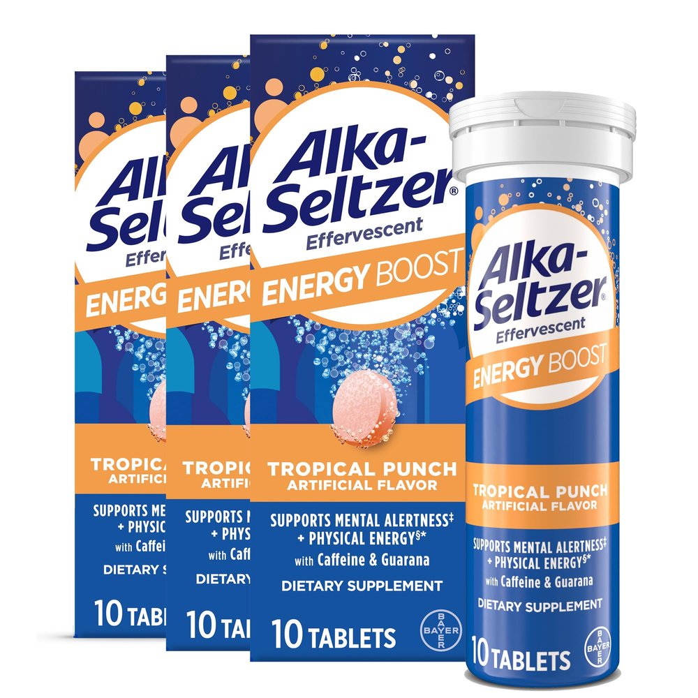 Alka-Seltzer Energy Boost: Caffeine & Guarana, B Vitamins, Supports Mental Alertness and Physical Energy, Daily Energy Supplement, Fizzy Tablets, Sugar-Free, Light Tropical Punch Flavor, 30ct