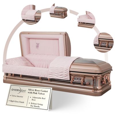 Overnight Caskets Silver Rose Metal Funeral Casket with Pink Velvet Interior - Premium 18-Gauge Steel - Fully Appointed Adult Casket - Coffin Featuring a Velvet Interior Lining w/Pillow & Throw Set