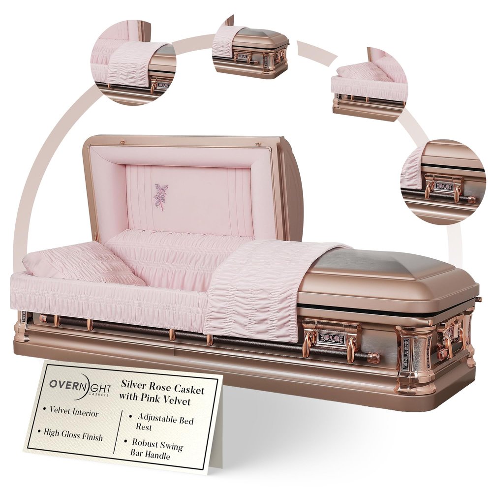 Overnight Caskets Silver Rose Metal Funeral Casket with Pink Velvet Interior - Premium 18-Gauge Steel - Fully Appointed Adult Casket - Coffin Featuring a Velvet Interior Lining w/Pillow & Throw Set
