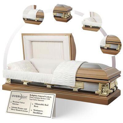 Overnight Caskets The Pieta Metal Funeral Casket with Rosetan Velvet Interior - 18 Gauge Steel - Fully Appointed Adult Casket - Coffin Featuring Velvet Interior Lining with Pillow and Throw Set
