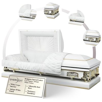 Overnight Caskets Last Supper Metal Funeral Casket with White Crepe Interior - 20 Gauge Steel - Fully Appointed Adult Casket - Coffin Featuring Crepe Interior Lining with Pillow and Throw Set