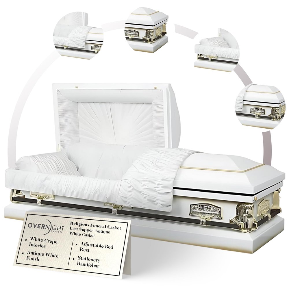 Overnight Caskets Last Supper Metal Funeral Casket with White Crepe Interior - 20 Gauge Steel - Fully Appointed Adult Casket - Coffin Featuring Crepe Interior Lining with Pillow and Throw Set