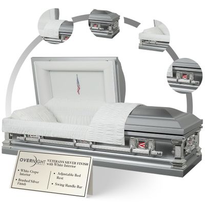 Overnight Caskets Veterans Metal Funeral Casket Silver with White Crepe Interior - Premium 18-Gauge Steel - Fully Appointed Adult Casket - Coffin Featuring Velvet Interior Lining w/Pillow & Throw Set