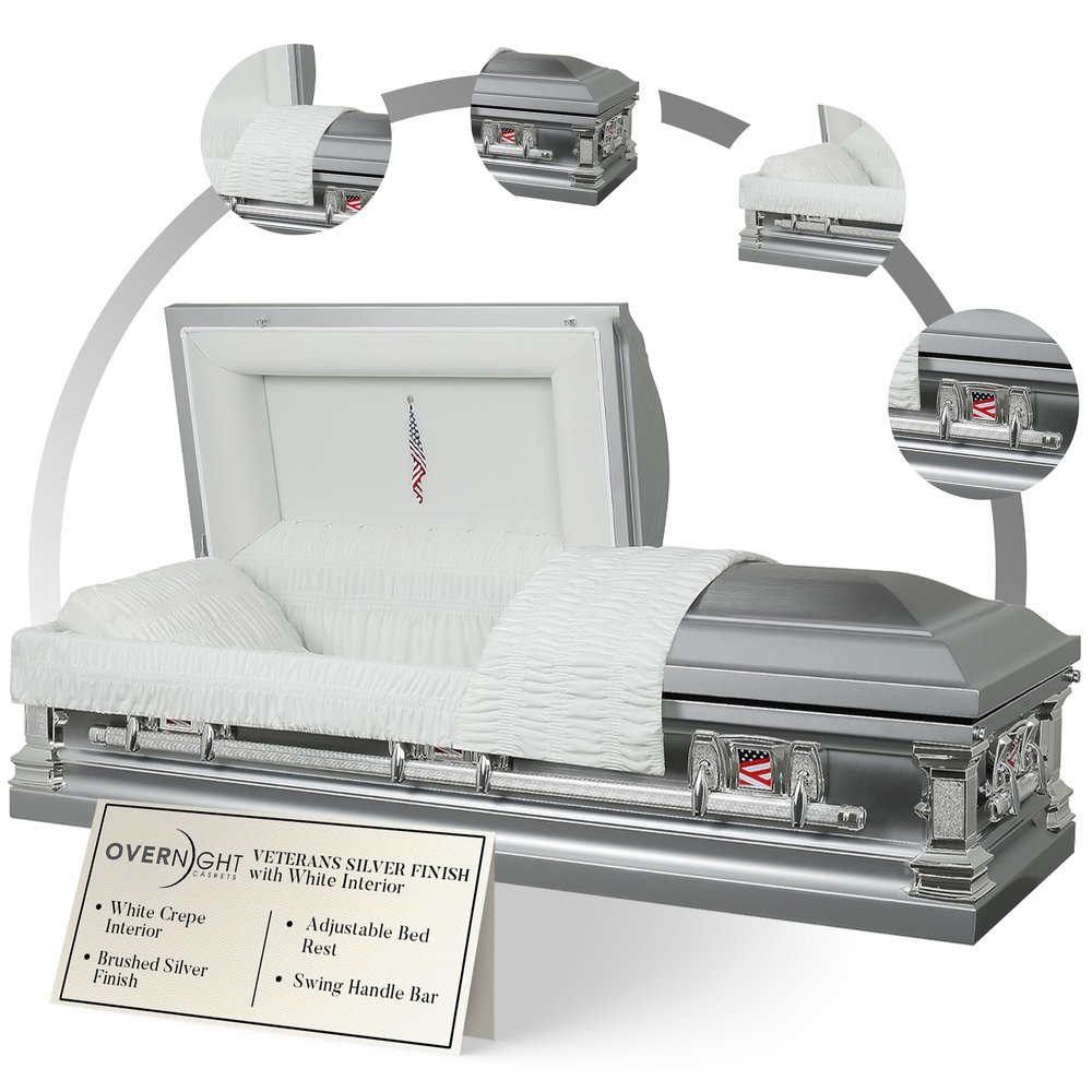 Overnight Caskets Veterans Metal Funeral Casket Silver with White Crepe Interior - Premium 18-Gauge Steel - Fully Appointed Adult Casket - Coffin Featuring Velvet Interior Lining w/Pillow & Throw Set
