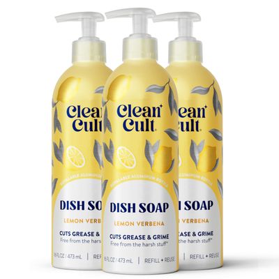 Cleancult - Lemon Verbena - Liquid Dish Soap - Refillable Aluminum Bottle - Dish Soap that Cuts Grease & Grime - 16 oz - 3 Pack