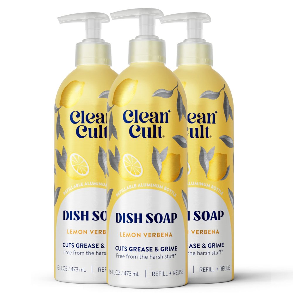 Cleancult - Lemon Verbena - Liquid Dish Soap - Refillable Aluminum Bottle - Dish Soap that Cuts Grease & Grime - 16 oz - 3 Pack