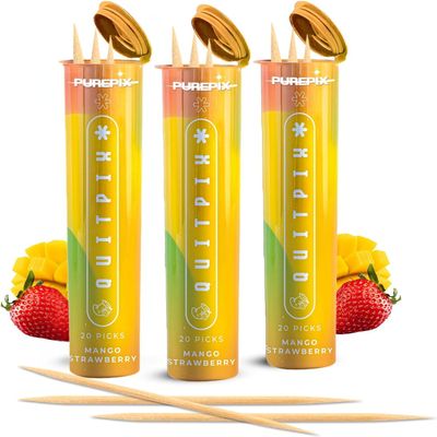 QuitPix Flavored Toothpicks Kosher Mango Strawberry (3 Pack) Extra Thick Infused Toothpicks with NAC & L-Theanine - Kosher, Vegan