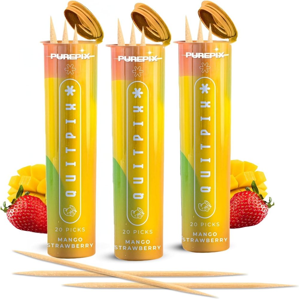 QuitPix Flavored Toothpicks Kosher Mango Strawberry (3 Pack) Extra Thick Infused Toothpicks with NAC & L-Theanine - Kosher, Vegan
