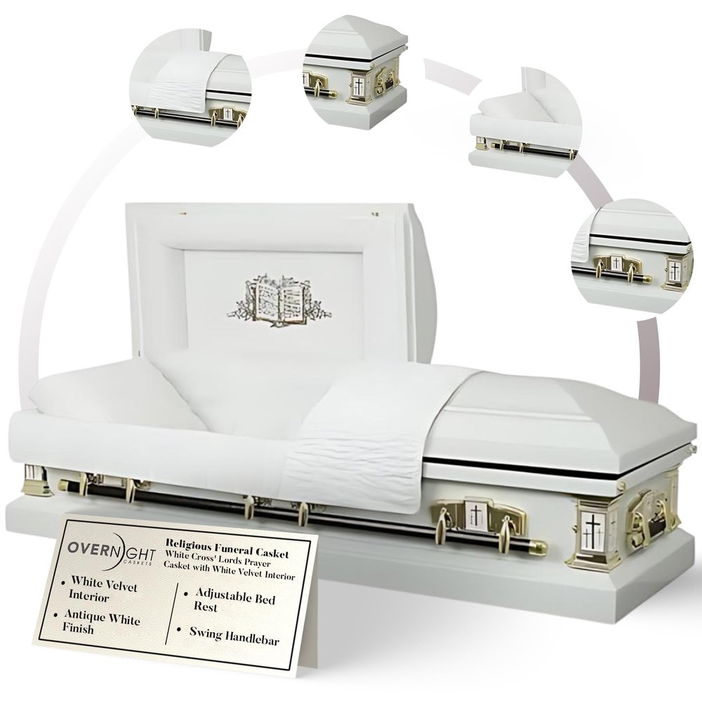 Overnight Caskets White Cross Lords Prayer Metal Funeral Casket w/White Velvet Interior - 18 Gauge Steel - Fully Appointed Adult Casket - Coffin Featuring Velvet Interior Lining w/Pillow & Throw Set