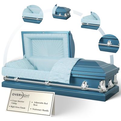 Overnight Caskets Spartan Collection Funeral Casket Blue with Light Blue Interior - 20 Gauge Steel - Fully Appointed Adult Casket - Coffin Featuring a Crepe Interior Lining with Pillow and Throw Set