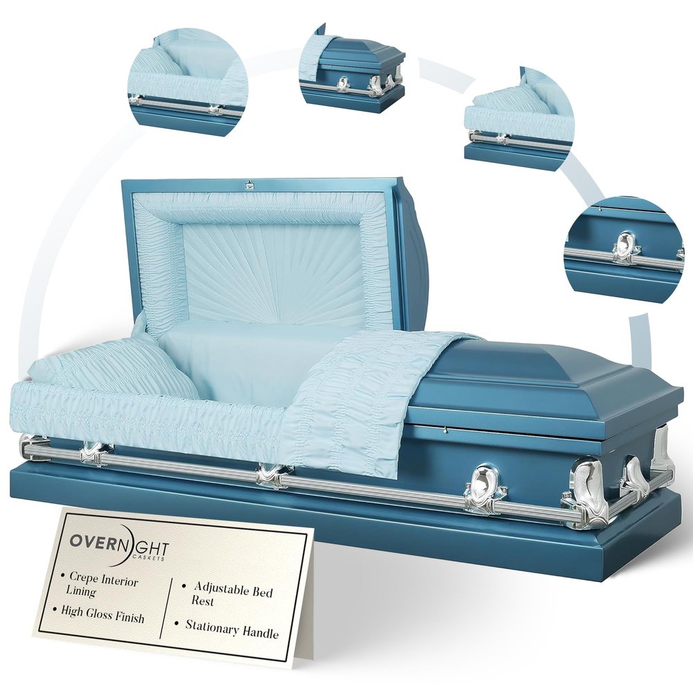 Overnight Caskets Spartan Collection Funeral Casket Blue with Light Blue Interior - 20 Gauge Steel - Fully Appointed Adult Casket - Coffin Featuring a Crepe Interior Lining with Pillow and Throw Set