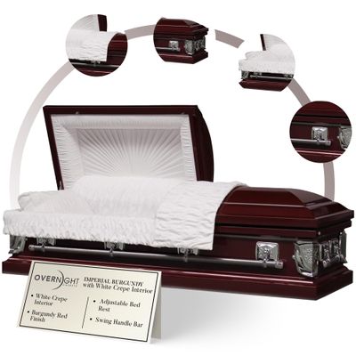Overnight Caskets Imperial Metal Funeral Casket Burgundy w/White Crepe Interior - Premium 20-Gauge Steel - Fully Appointed Adult Casket - Coffin Featuring Crepe Interior Lining w/Pillow & Throw Set