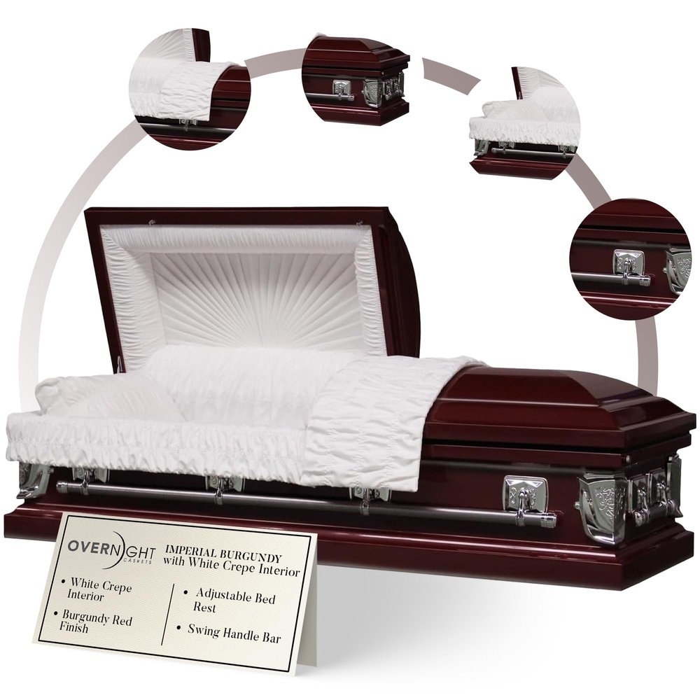 Overnight Caskets Imperial Metal Funeral Casket Burgundy w/White Crepe Interior - Premium 20-Gauge Steel - Fully Appointed Adult Casket - Coffin Featuring Crepe Interior Lining w/Pillow & Throw Set