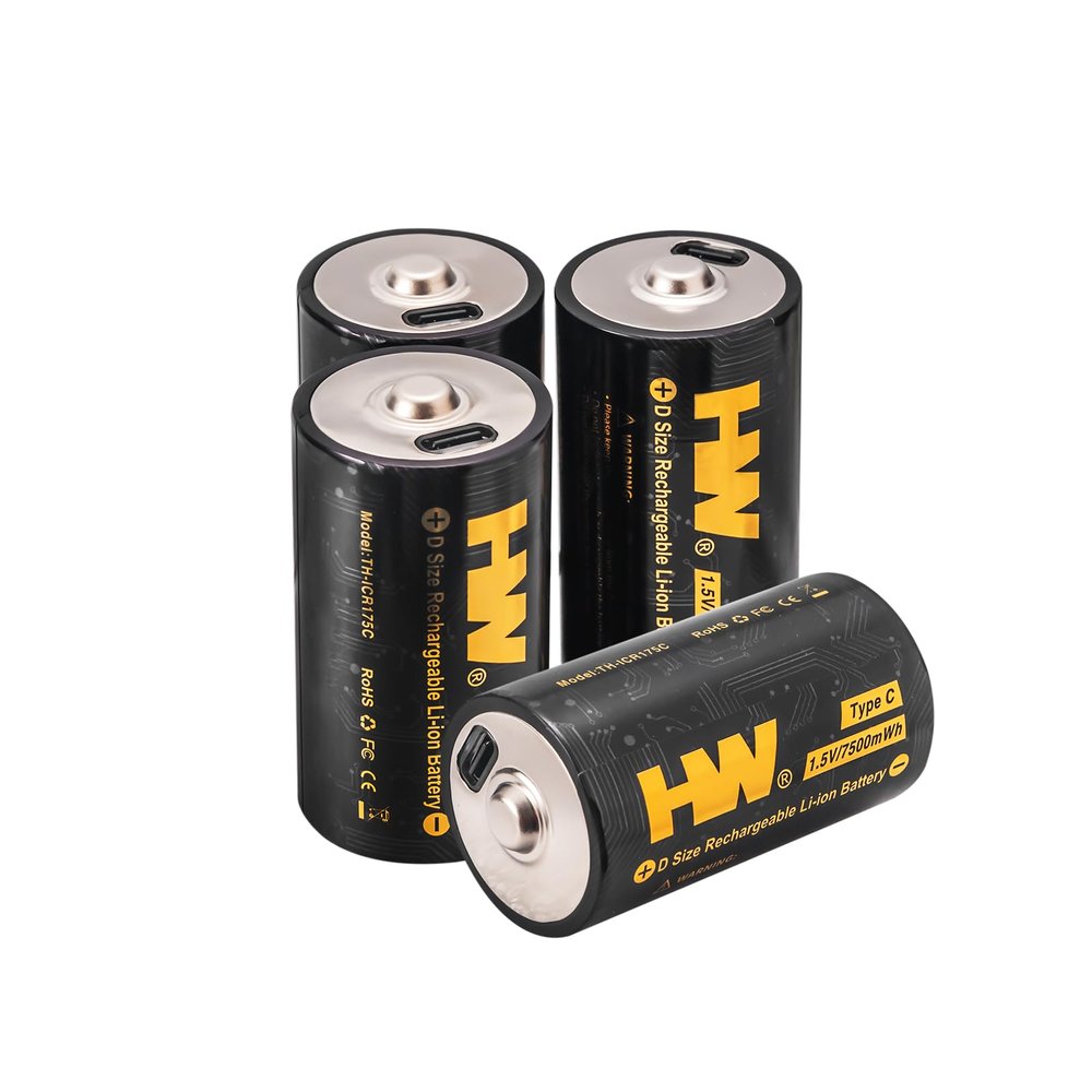 HW Rechargeable D Batteries 4 Pack, 7500mWh Long Lasting Lithium D Cell Batteries, 4 in 1 USB-C Charge Cable Fast Charger, Over 1000 Cycles Lithium Batteries Size D for Flashlight,Camping Light