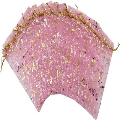 AKOAK 50 Pcs Moon Star Organza Jeweled Goodie Bag, 3.5x4.7 inch Jeweled Gift Bag, Drawstring Jeweled Bag for Christmas Wedding Parties and Valentine's Day Favored Gift Bags (Pink)