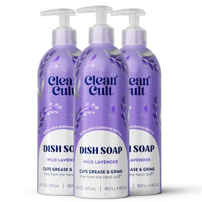 Cleancult - Wild Lavender - Liquid Dish Soap - Refillable Aluminum Bottle - Dish Soap that Cuts Grease & Grime - 16 oz - 3 Pack