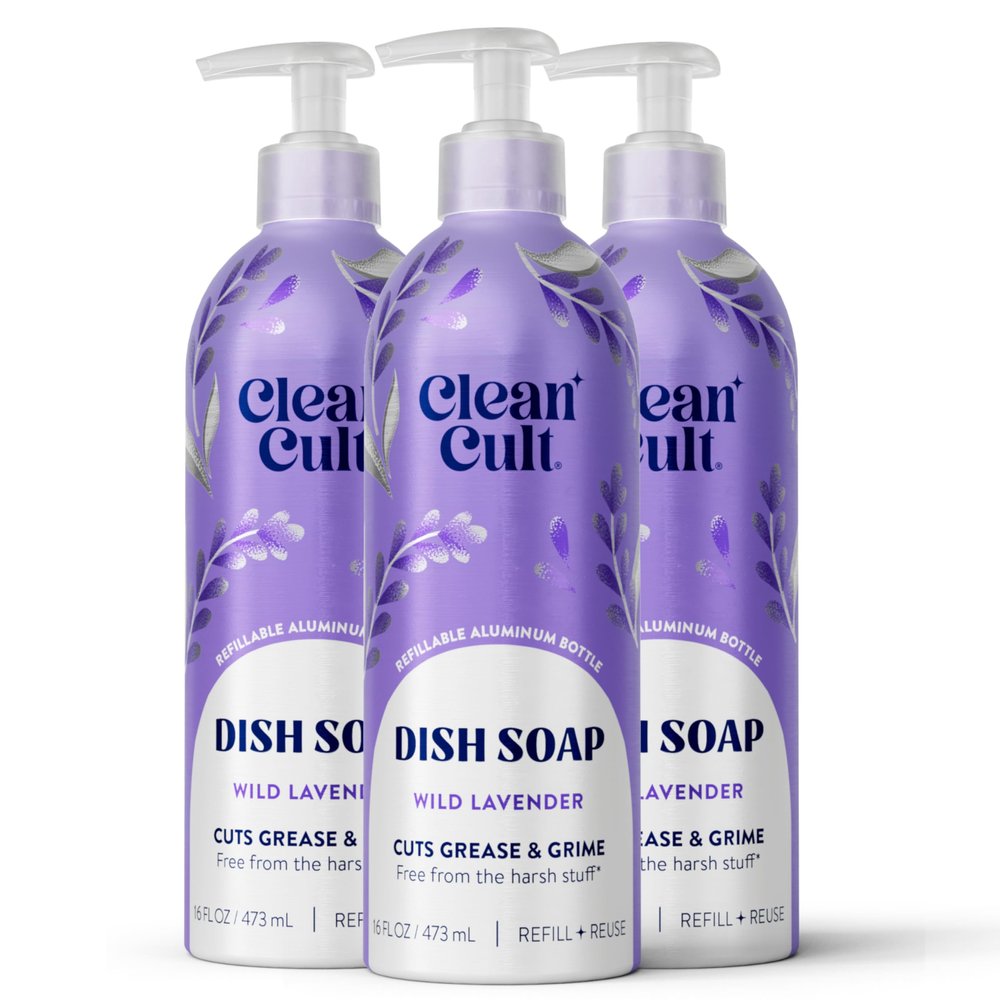 Cleancult - Wild Lavender - Liquid Dish Soap - Refillable Aluminum Bottle - Dish Soap that Cuts Grease & Grime - 16 oz - 3 Pack