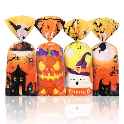 100 Pcs Halloween Treat Bags with Twist Ties,Halloween Orange Party Favor Bag Pumpkin Spider Bat Ghost Witch Goody Candy Bag Cookies Snack Gift Trick or Treat Bags for Kids Halloween Party Supply