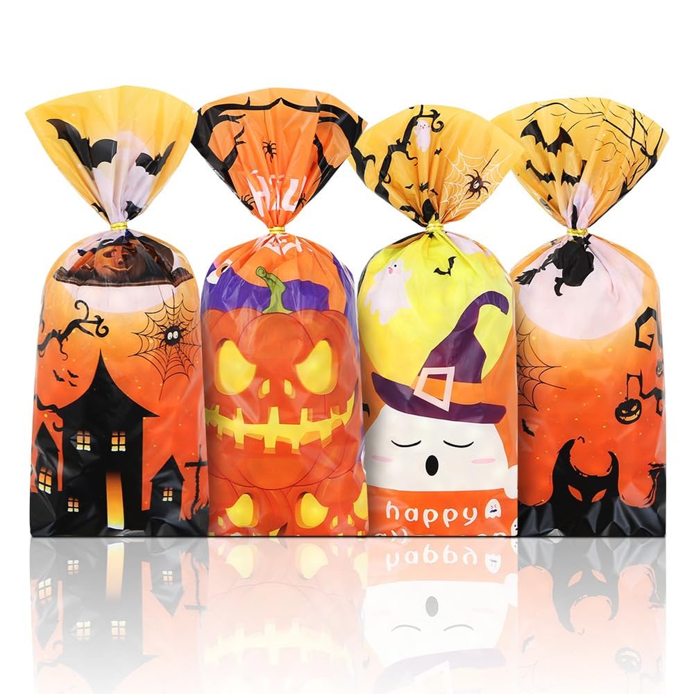 100 Pcs Halloween Treat Bags with Twist Ties,Halloween Orange Party Favor Bag Pumpkin Spider Bat Ghost Witch Goody Candy Bag Cookies Snack Gift Trick or Treat Bags for Kids Halloween Party Supply