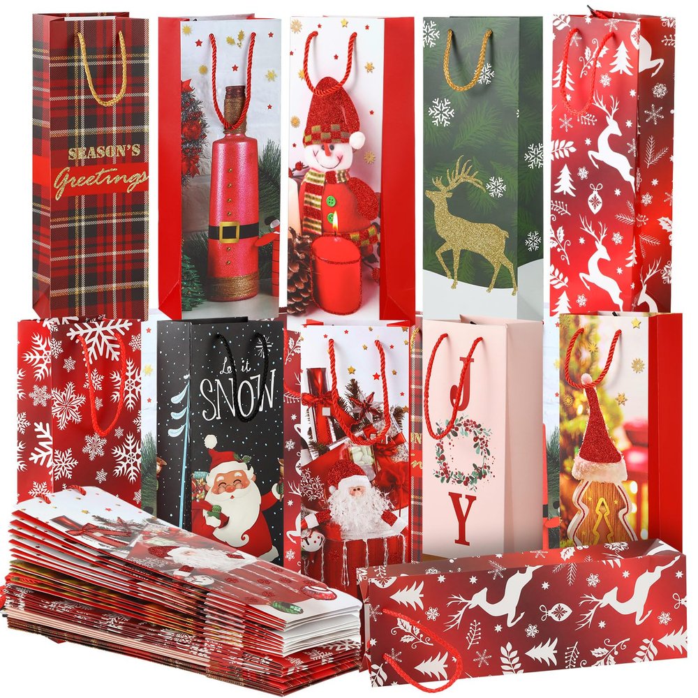 Zhanmai 50 Pack Heavy Duty Christmas Wine Bottle Gift Bags With Handles - Winter Themed Party Cardboard Bags, 13.8 x 4.7 x 3.5 Inch