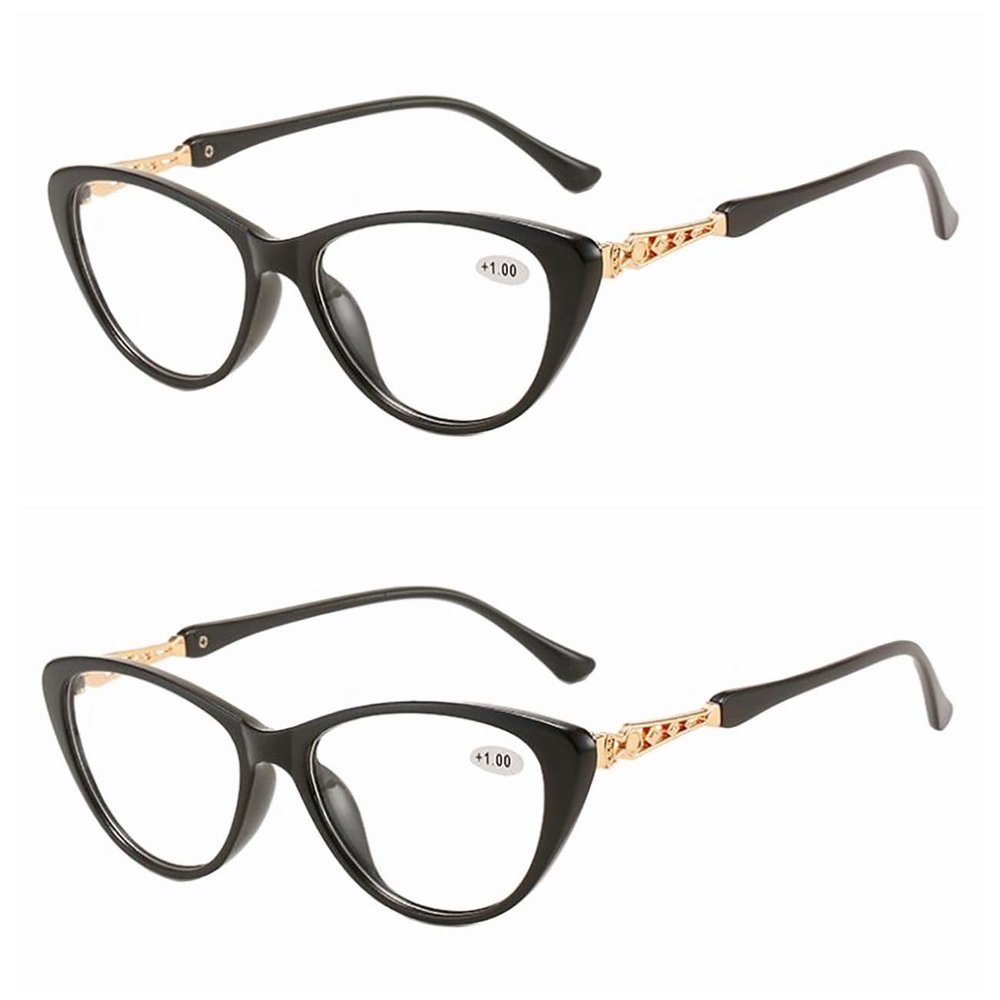 SightPerk Reading Glasses For Women 2 Pack Women's Cat Eye presbyopic glasses (Black, 2.00)